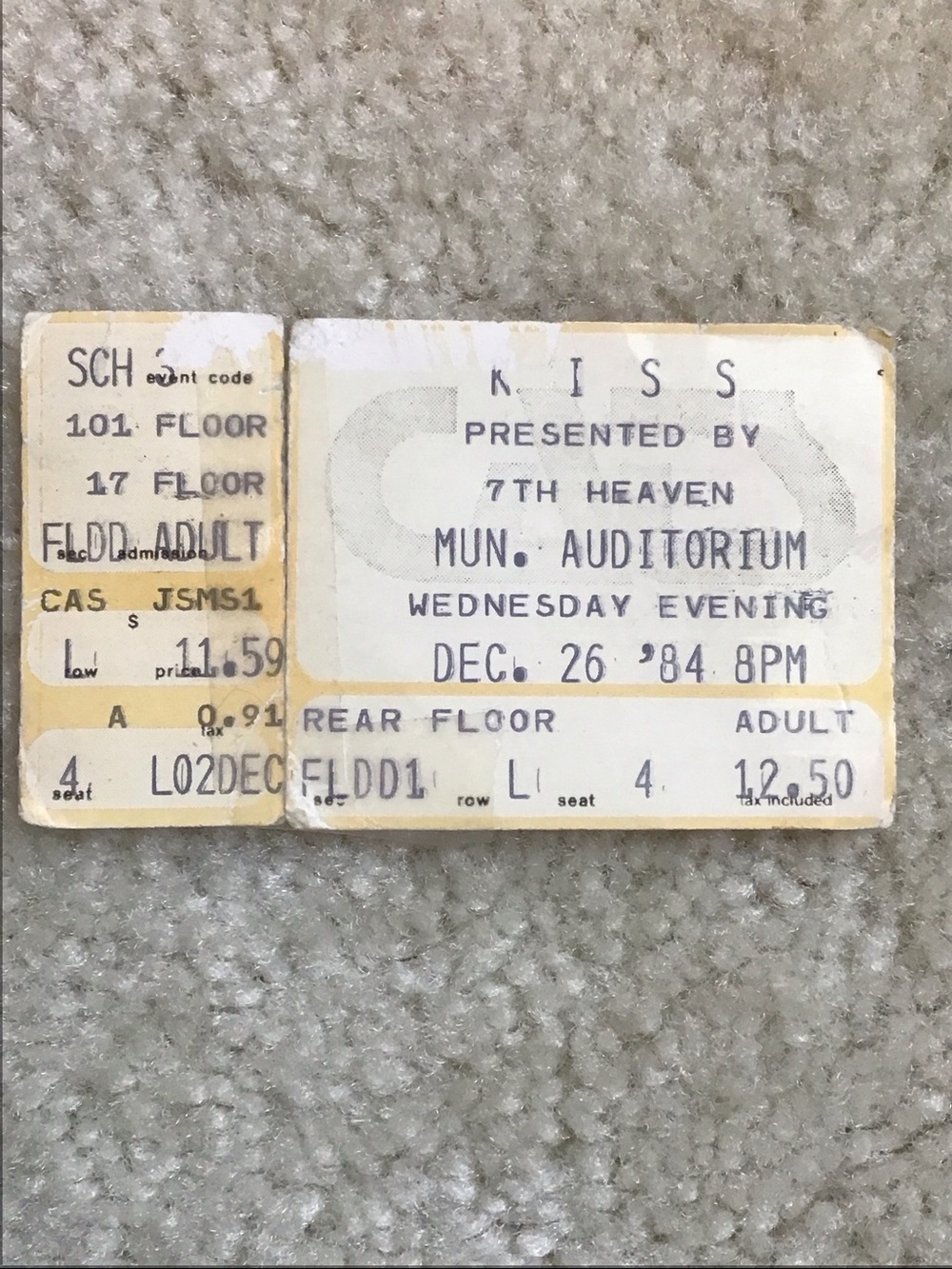 Vintage Rock Memorabilia Kiss Concert Ticket Stub, 1984